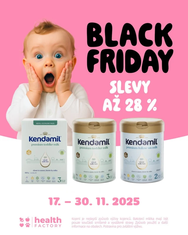 Black Friday je tady! 🖤 Využij slevy až 28 % na oblíbená mléka, kaše i kapky Kendamil (a spoustu dalšího 🤫).

📅 Akce platí od 17. do 30. 11. 2025 na našem oficiálním e-shopu @healthfactory_cz.

👶 Dopřej svému drobečkovi to nejlepší – teď s výhodnou Black Friday slevou.
