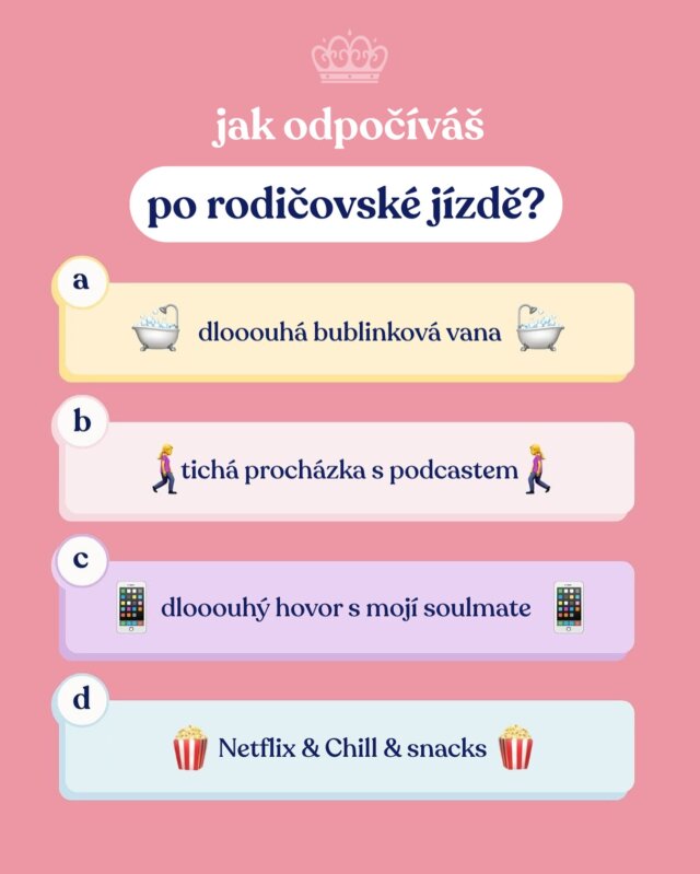 Zítra to začíná 📚 Škola, školka, vyzvedávání, úkoly, svačiny, kroužky… na jednu stranu pořádný zápřah, na druhou ale i možná chvilka pro sebe. Pro některé rodiče den jako každý jiný, pro jiné nový začátek po intenzivních 2 měsících. 😮‍💨

Tady je malá připomínka:
👟 hýbej se, kdykoli to půjde,
🥦 dopřej si něco výživného,
🧘‍♀️ a nezapomeň na chvíli klidu. 

Kdybyste si měli vybrat jen jeden způsob, jak dobít baterky – který by to byl? 🤔