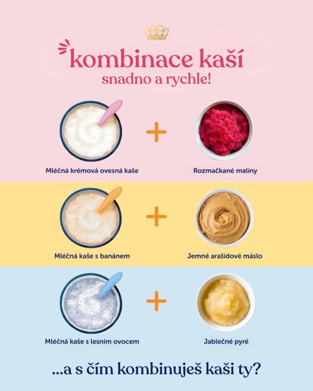 Tady je pár lahodných kombinací, kterými můžeš nastartovat den svého děťátka. Ulož si příspěvěk pro snadnou a rychlou inspiraci. 😋✨

❗Pediatři doporučují začít s příkrmy kolem 6. měsíce věku, nejdříve však od 4. měsíce. Každé miminko je jedinečné, proto se v případě nejasností doporučujeme poradit se svým pediatrem, který miminko zná. 💜