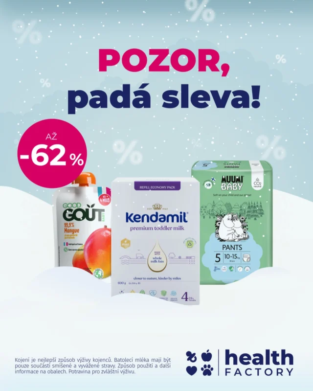 Padá sleva! A právě přistála na našem oficiálním e-shopu @healthfactory_cz. 🌠

Právě startuje parádní slevová akce ve které nakoupíš:
✨ Kendamil mléka a kaše
✨ BIO dětská výživa Good Gout
✨ ekologické plenky Moomin Baby
✨ a spoustu dalšího! 

Slevy až –62 % u nás najdeš až do 18. 1. 2026 nebo do vyprodání zásob. Doporučujeme s nákupem moc dlouho neotálet, ať máš jistotu, že se vaše oblíbené produkty nevyprodají. 🛍️👶