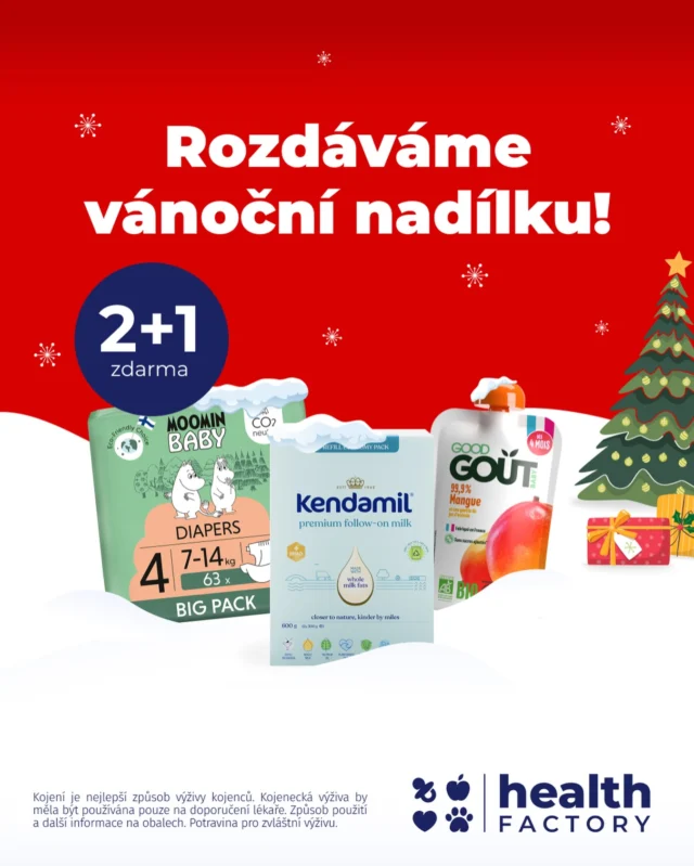 Vánoční nadílka, která potěší všechny rodiče, už teď na @healthfactory_cz! ✨🎅

V akci 2+1 ZDARMA nakoupíte třeba papírová balení mlék nebo lahodné mléčné kaše Kendamil. 🎁

👉 Akce se nevztahuje na počáteční kojenecká mléka.
👉 Akce trvá do 17. 12. 2025 nebo do vyprodání zásob.

P.S.: Najdete tam také speciální akce na prémiové dětské BIO příkrmy nebo ekologické plenky. 😉