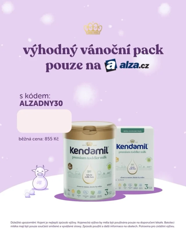 Ve spolupráci s @alza_czsk jsme pro rodiče nadělili něco extra. Protože Ježíšek dobře ví, že největší radost je ušetřit (a mít doma plnou plechovku Kendamilu).

Takžeee... 🥁 Kendamil vánoční speciální pack je tady! Kombo: plechovka 800 g + krabice 600 g za cenu, která potěší víc než ponožky od tety. 🤭🧦

Stačí zadat kód ALZADNY30 a celý balíček si odneseš jen za 599 Kč (běžně 855 Kč).🎅✨

🎄 Limitovaná edice
🎄 Speciálně připraveno pro rodiče
🎄 Plná plechovka → spokojené miminko → šťastné svátky

🤫 Speciální nabídka platí do vyprodání zásob na produkty Kendamil Premium HMO+ 3 a Kendamil Premium HMO+ 4.