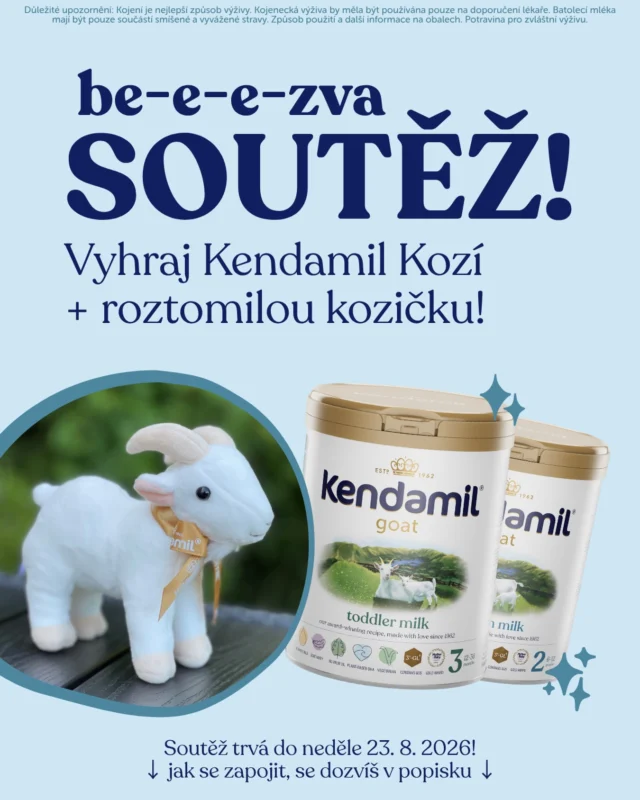 Kdo říká, že kozy do bytu nepatří? 🤨👇

Nestihla jsi kozičku v naší speciální akci na e-shopu? Chceme vám udělat radost, a tak posíláme do světa 5 výherních balíčků! 🐐

Vyhrát můžeš roztomilou plyšovou kozičku pro malého objevitele a k tomu 1× balení Kendamil Kozí (800 g) dle vlastního výběru v hodnotě 999 Kč zdarma! (Na výběr je pokračovací mléko Kendamil Kozí 2, nebo batolecí Kendamil Kozí 3).

Jak soutěžit?
1️⃣ Hoď LAJK tomuto příspěvku.

2️⃣ Do KOMENTÁŘE nám napiš: Kdo u vás doma nejčastěji „mečí“, když nedostane najíst včas? 🤭

3️⃣ Můžeš OZNAČIT i další rodiče, kteří by ocenili plyšovou kozičku a kozí mléko. 

⏰ Soutěžíme do neděle 23. 8. 2026!

Pět šťastných výherců vyhlásíme ve stories po skončení soutěže. Nezapomeň nás sledovat, ať ti výsledky neutečou! 👀

Soutěž není žádným způsobem provozována, sponzorována nebo spojena se společností Meta. Soutěž pořádá společnost HealthAcademy s.r.o. Soutěž se nevztahuje na počáteční mléka.

🤱 Důležité upozornění: Kojení je nejlepší způsob výživy. Kojenecká výživa by měla být používána pouze na doporučení lékaře. Batolecí mléka mají být pouze součástí smíšené a vyvážené stravy. Způsob použití a další informace na obalech. Potravina pro zvláštní výživu.