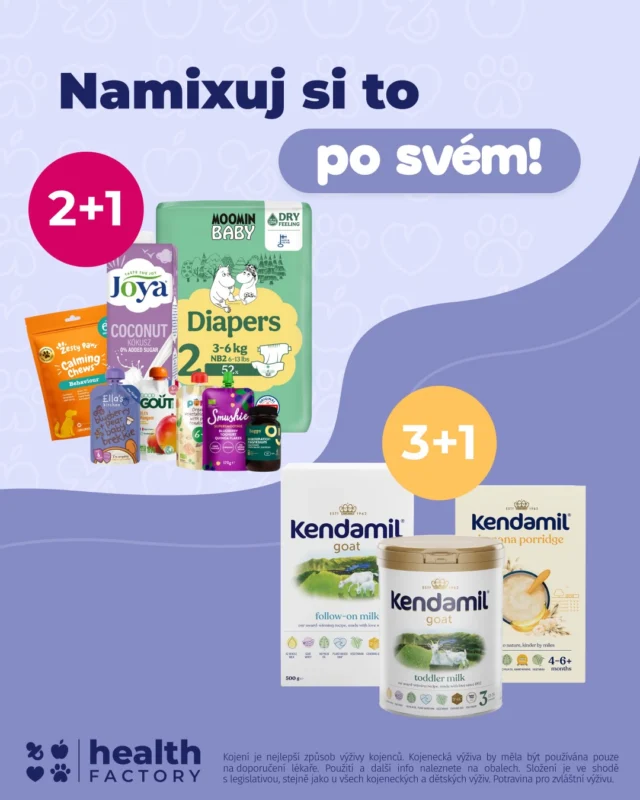 3+1 ZDARMA na Kendamil? Ano, prosím! 🥳🛍️

Teď je ten správný čas doplnit zásoby! 🍼 Na našem e-shopu @healthfactory_cz a @healthfactory_sk totiž právě probíhá akce 3+1 ZDARMA na vybraná kojenecká mléka a kaše Kendamil. ✨

Stačí si vybrat 4 produkty z nabídky zapojené do akce a ten nejlevnější získáš ZDARMA! 💜

A to není všechno! Na e-shopu můžeš využít také akci 2+1 ZDARMA na vybrané produkty dalších značek, které lze v rámci této nabídky vzájemně kombinovat.

📅 Akce platí od 12. do 25. 10. 2026 nebo do vyprodání zásob.

Tak hurá na nákupy! 🛒 

‼️Akce 3+1 ZDARMA platí pouze na vybrané produkty Kendamil a nelze ji kombinovat s akcí 2+1 ZDARMA. Cena nejlevnějšího produktu se automaticky odečte v košíku. Akce se nevztahuje na počáteční kojeneckou výživu.